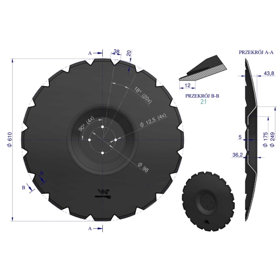 Talerz uzębiony Z-20 fi 610 mocowanie 4/98 grubość 5 mm przetłoczony stal borowa WARYŃSKI R