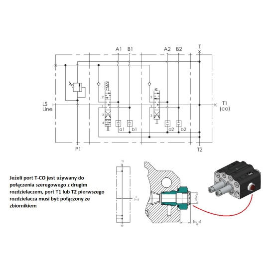 Rozdzielacz hydrauliczny do ładowaczy czołowych (LS - Load Sensing) 2-sekcyjny (1 x sekcja pływająca) max przepływ 90L - sterowany na linkę i joystick