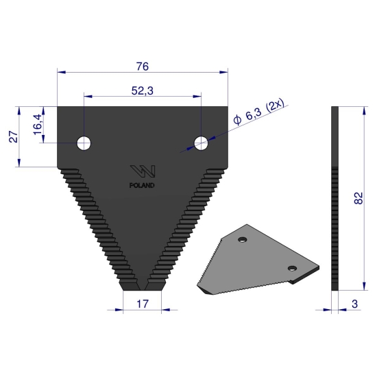 Nóż żniwny 82x76x3mm otwór 6.3 zastosowanie D44103700N Claas Massey Ferguson WARYŃSKI ( sprzedawane po 25 )