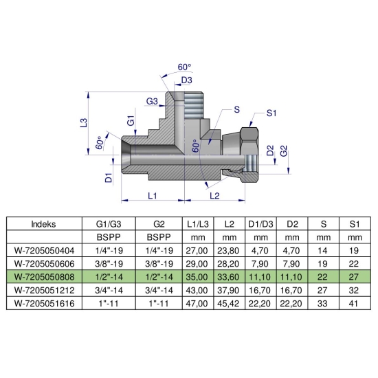 Trójnik hydrauliczny niesymetryczny calowy BBA 1/2" BSP (XEVL) Waryński