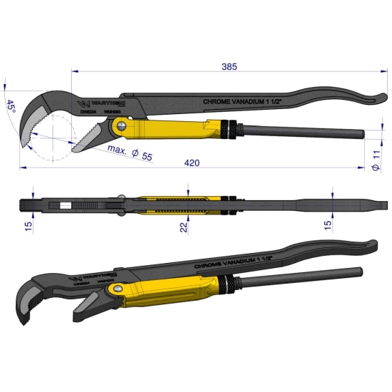 Szczypce nastawne szwedzkie do rur szczęki typ 45° o rozstawie max 55mm długość 420mm Waryński