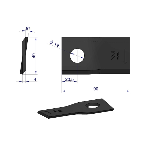 Nóż. nożyk kosiarka prawy 90x48x4mm otwór 19 zastosowanie 1448261 Krone WARYŃSKI ( sprzedawane po 25 )