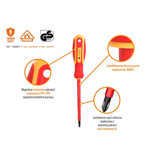 Zestaw wkrętaków VDE 6 szt / Certyfikat  GS/VDE / TEGER