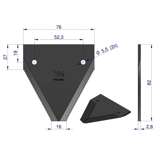 Nóż żniwny 82x76x2.8mm otwór 5.5 zastosowanie S82 New Holland WARYŃSKI ( sprzedawane po 25 )