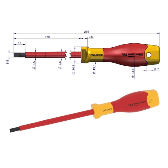 Wkrętak  płaski izolowany 6 x 150 mm. VDE, stal S2, Waryński