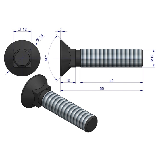 Śruba kpl. płużna podsadzana D 608 M12x55 mm kl.10.9 Waryński ( sprzedawane po 25 )