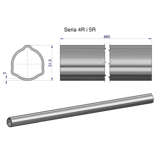 Rura zewnętrzna Seria 4R i 5R do wału 1010 przegubowo-teleskopowego 51.5x3 mm 885 mm WARYŃSKI