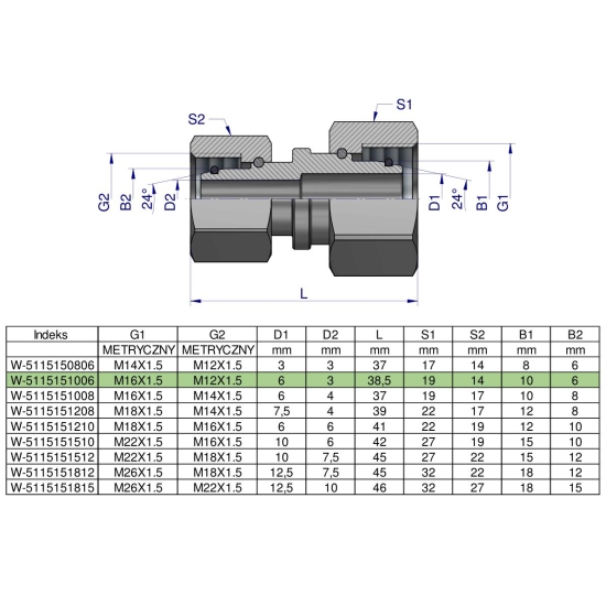 Złączka hydrauliczna metryczna AA M16x1.5 10L x M12x1.5 06L Waryński ( sprzedawane po 2 )