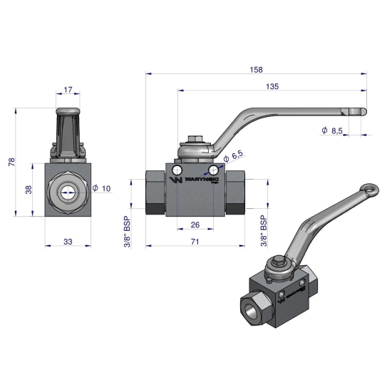 Zawór kulowy hydrauliczny 2-drogowy 2/2 - 3/8