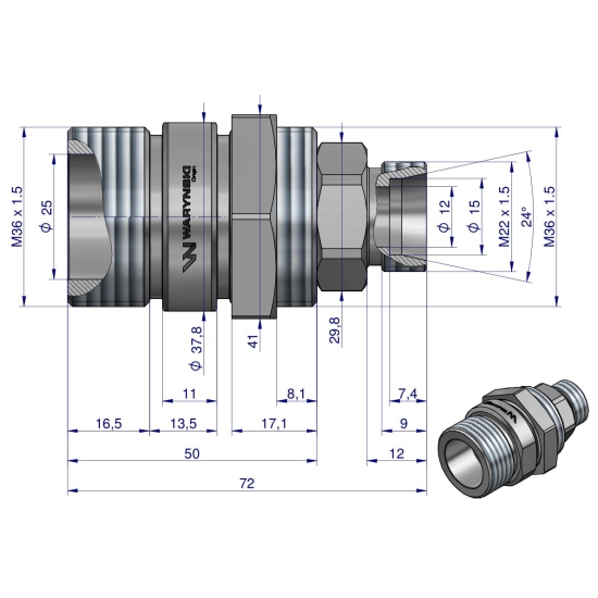 Komplet - zawór gniazdo M22x1.5 skręcane (50490020) z gwintowaną pokrywą/osłoną aluminiową Waryński