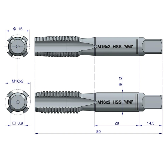 Komplet gwintowników  przemysłowych M16x2 dwusztukowy ze stali HSS wstępny. wykańczak  DIN 352/2 Waryński