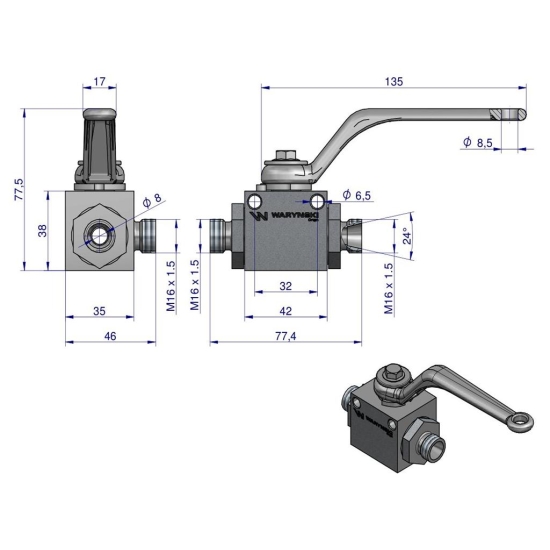 Zawór kulowy hydrauliczny 3-drogowy 3/2 M16x1.5 10L z otworami mocującymi 500 bar Waryński