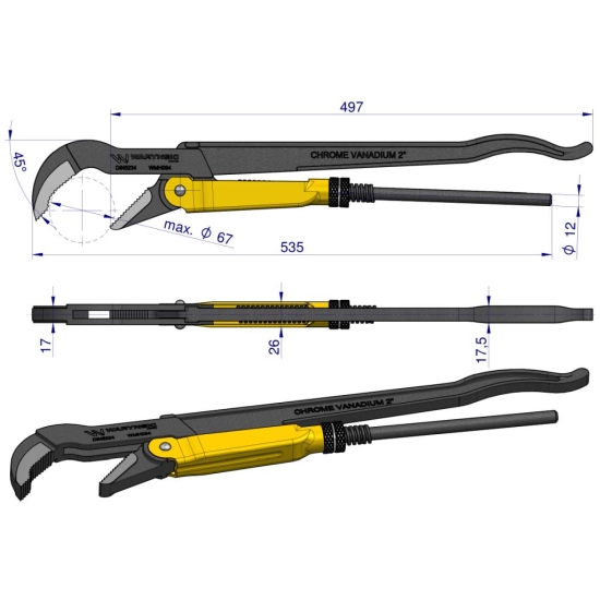 Szczypce nastawne szwedzkie do rur szczęki typ 45° o rozstawie max 67mm długośc 535mm Waryński