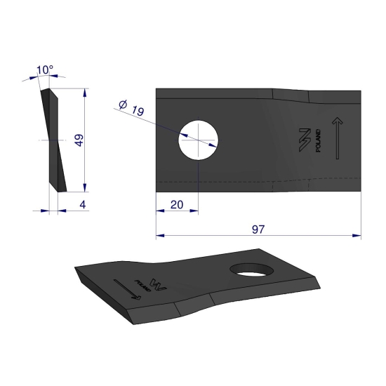 Nóż. nożyk kosiarka lewy 97x48x4mm otwór 19 zastosowanie 13800023 JF-Stoll WARYŃSKI ( sprzedawane po 25 )