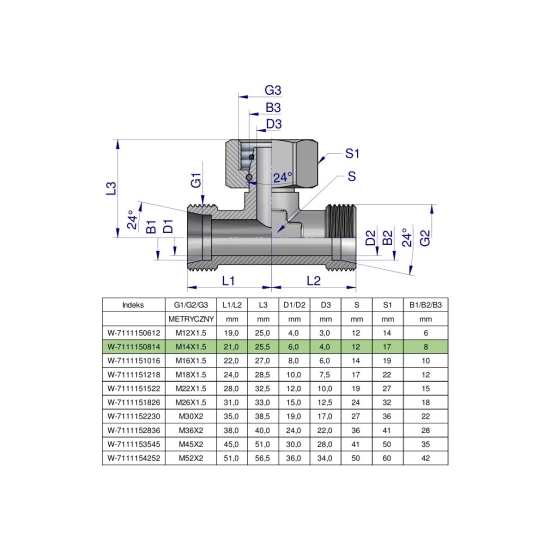 Trójnik hydrauliczny symetryczny metryczny BAB M14x1.5 08L (XEVT) Waryński ( sprzedawane po 2 )