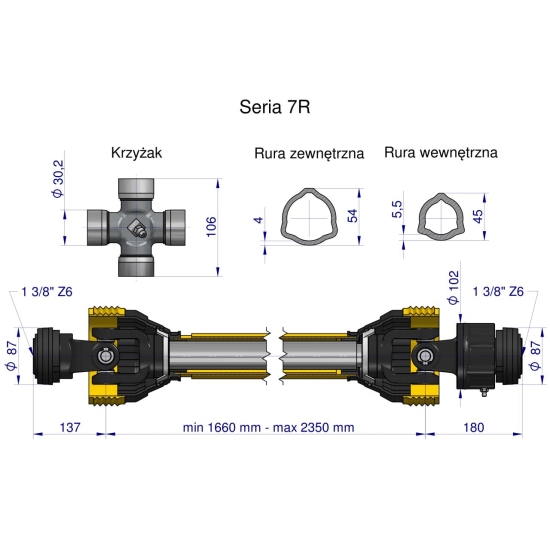 Wał przegubowo-teleskopowy 1660-2350mm 970Nm sprzęgło jednokierunkowe CE 2020 seria 7R Waryński