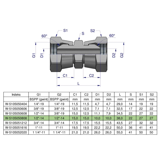 Złączka hydrauliczna calowa AA 1/2" BSP Waryński ( sprzedawane po 2 )