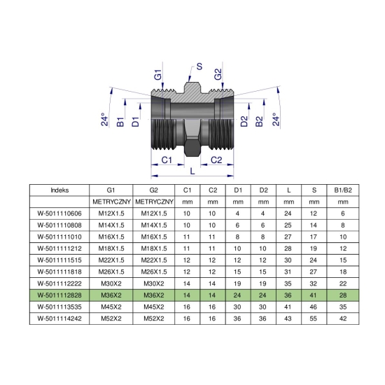 Złączka hydrauliczna metryczna BB M36x2 28L (XG) Waryński ( sprzedawane po 2 )