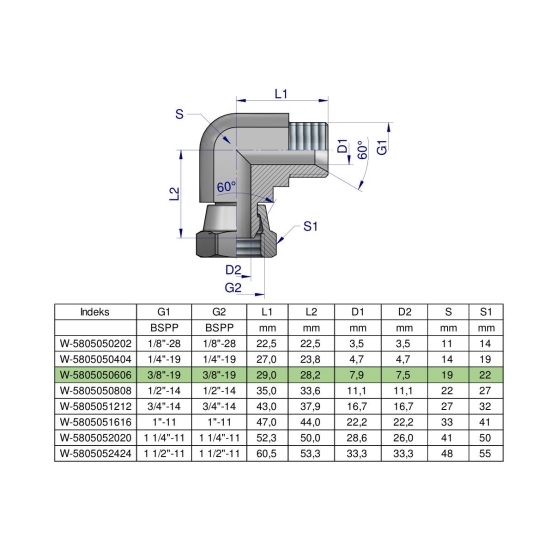 Kolanko hydrauliczne calowe AB 3/8" BSP Waryński