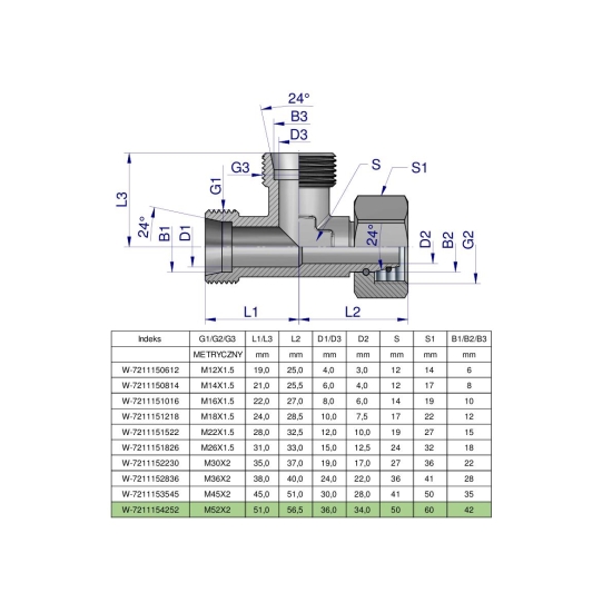 Trójnik hydrauliczny niesymetryczny metryczny BBA M52x4 42L (XEVL) Waryński