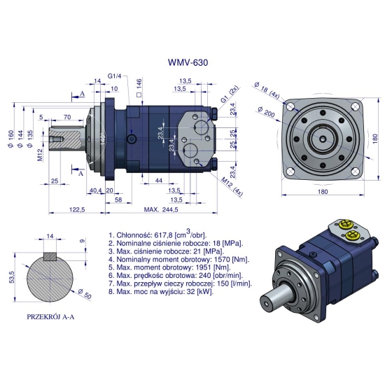 Silnik hydrauliczny orbitalny WMV 630 cm3/obr (180 bar / max.240 bar) Waryński