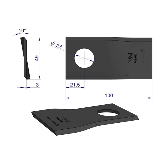 Nóż. nożyk kosiarka lewy 100x48x3mm otwór 23 zastosowanie T683L Mortl WARYŃSKI ( sprzedawane po 25 )