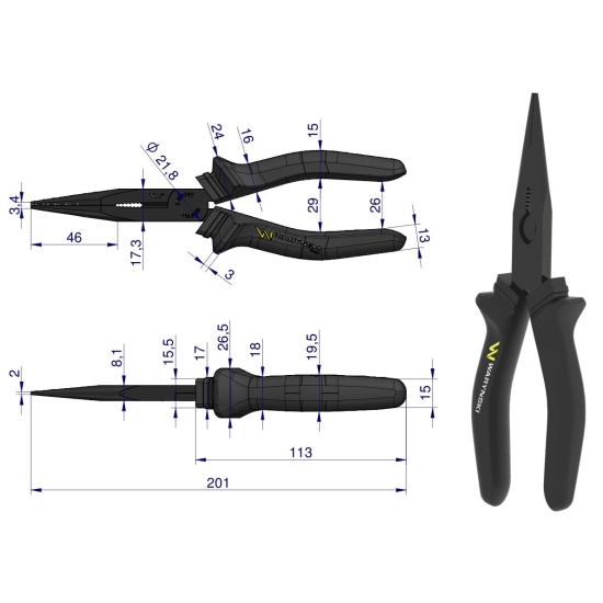 Szczypce wydłużone proste 200 mm Waryński