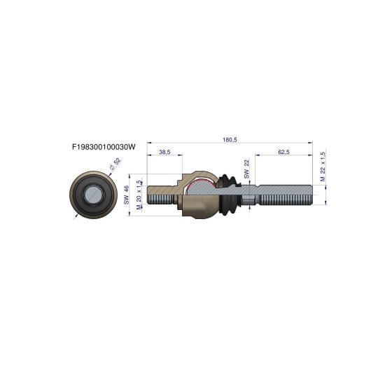 Przegub kierowniczy 180,5mm- M20x1,5; M22x1,5 F198300100030 WARYŃSKI