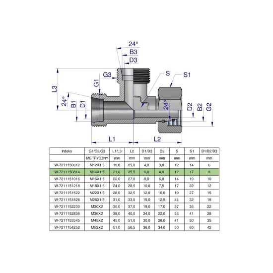 Trójnik hydrauliczny niesymetryczny metryczny BBA M14x1.5 08L (XEVL) Waryński ( sprzedawane po 2 )