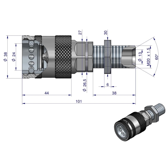 Szybkozłącze hydrauliczne gniazdo long z eliminatorem ciśnienia M20x1.5 gwint zewnętrzny EURO PUSH-PULL (ISO 7241-A) Waryński