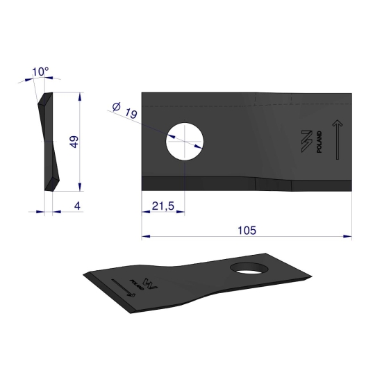 Nóż. nożyk kosiarka lewy 105x48x4mm otwór 19 zastosowanie 9492421 Claas WARYŃSKI ( sprzedawane po 25 )
