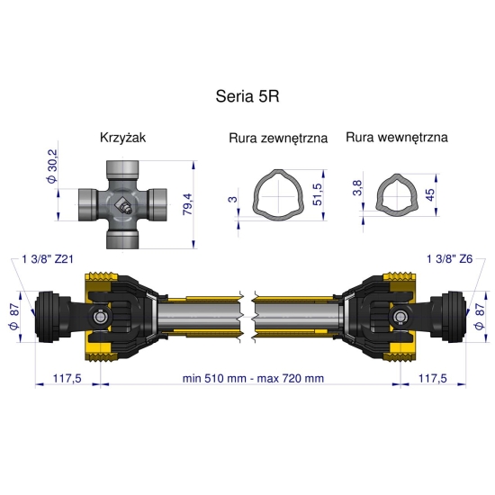 Wał przegubowo-teleskopowy 510-720mm 620Nm Z21 CE 2020 seria 5R Waryński