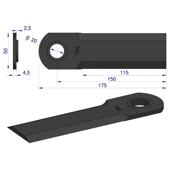 Nóż obrotowy sieczkarnia gładki 175x50x4.5mm otwór 20 z tuleją zastosowanie 1994760C4 Case WARYŃSKI ( sprzedawane po 25 )