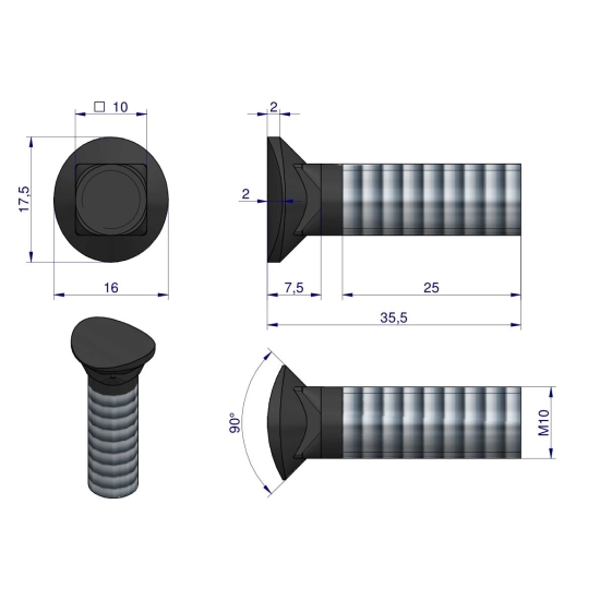 Śruba kpl. redliczkowa półokrągła M10x35 mm kl. 8.8 Waryński ( sprzedawane po 25 )