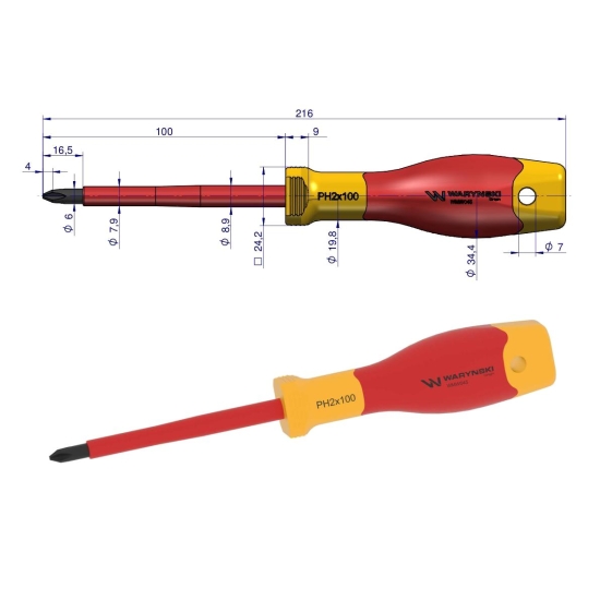 Wkrętak PH2 100 mm izolowany VDE stal S2, Waryński