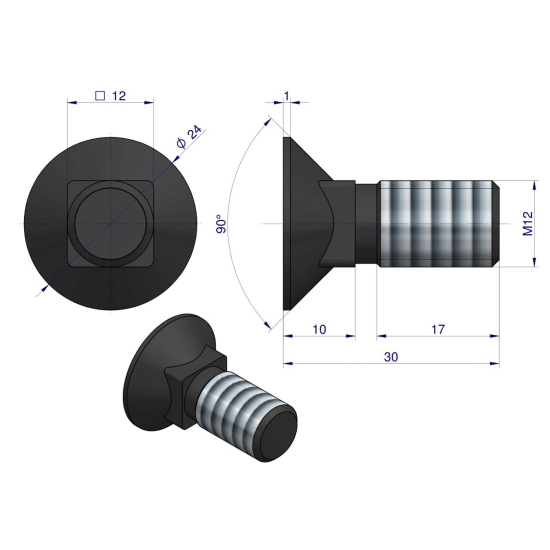 Śruba kpl. płużna podsadzana D 608 M12x30 mm kl.10.9 Waryński ( sprzedawane po 25 )