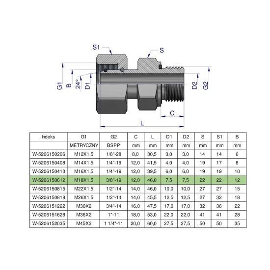 Przyłączka hydrauliczna AB (EVGE) M18x1.5 12L x 3/8" BSP ED Waryński ( sprzedawane po 2 )