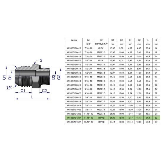 Przyłączka hydrauliczna BB 1 1/16"UNF (JIC) x M27x2 (XGE) Waryński ( sprzedawane po 2 )