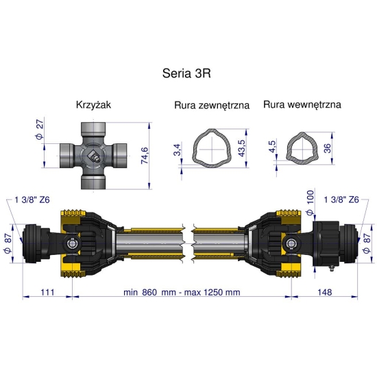 Wał przegubowo-teleskopowy 860-1250mm 460Nm sprzęgło jednokierunkowe CE 2020 seria 3R WARYŃSKI