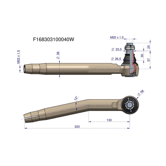 Przegub kierowniczy prawy M22x1.5 F168303100040 WARYŃSKI