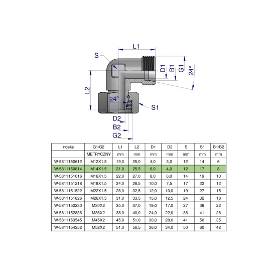 Kolanko hydrauliczne metryczne AB M14x1.5 08L (XEVW) Waryński ( sprzedawane po 2 )