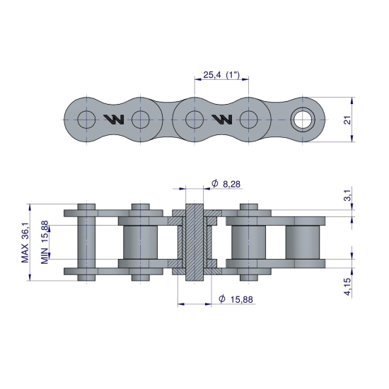 Łańcuch rolkowy 16B-1-58PZ (R1 1) adaptera zastosowanie Rozrzutnik Tytan Waryński