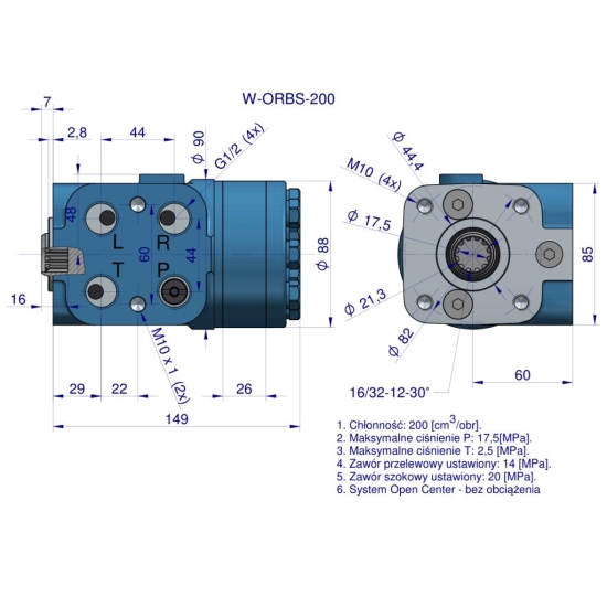 Orbitrol hydrauliczny W-ORBS 200 cm3/obr z zaworami (System Open Center - bez obciążenia) Waryński