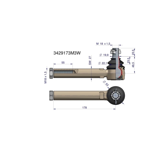 Przegub kierowniczy 178mm- M18x1,5 3429173M3 WARYŃSKI