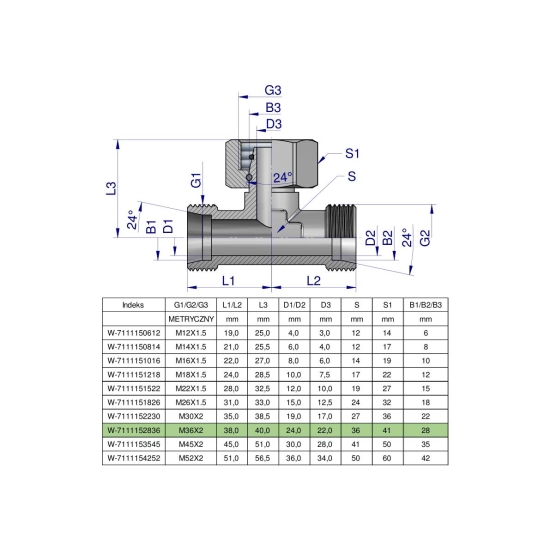 Trójnik hydrauliczny symetryczny metryczny BAB M36x2 28L (XEVT) Waryński