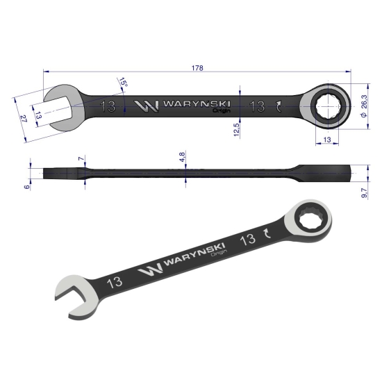 Klucz płasko-oczkowy 13 mm z grzechotką 72 zęby standard ASME B107-2010 Waryński