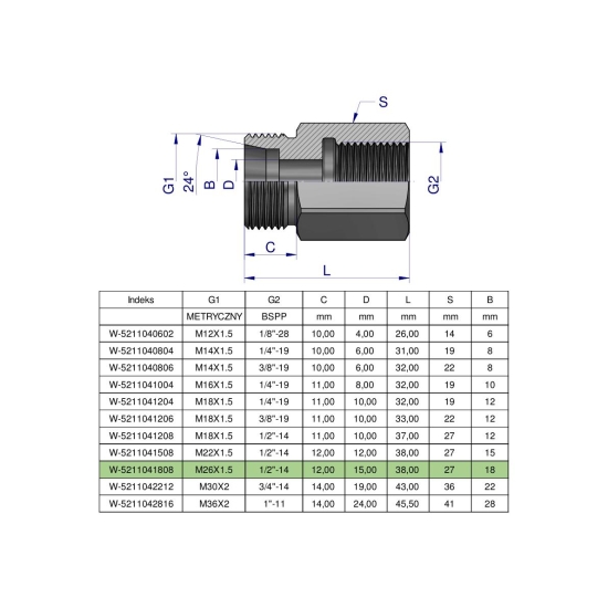 Tulejka różnicowa hydrauliczna AB M26x1.5 18L GZ x 1/2" BSP Waryński