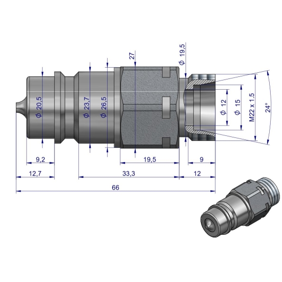 Szybkozłącze hydrauliczne wtyczka M22x1.5 gwint zewnętrzny EURO (9100822W) (ISO 7241-A) Waryński (opakowanie 100szt)