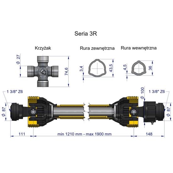 Wał przegubowo-teleskopowy 1210-1900mm 460Nm sprzęgło jednokierunkowe CE 2020 seria 3R Waryński