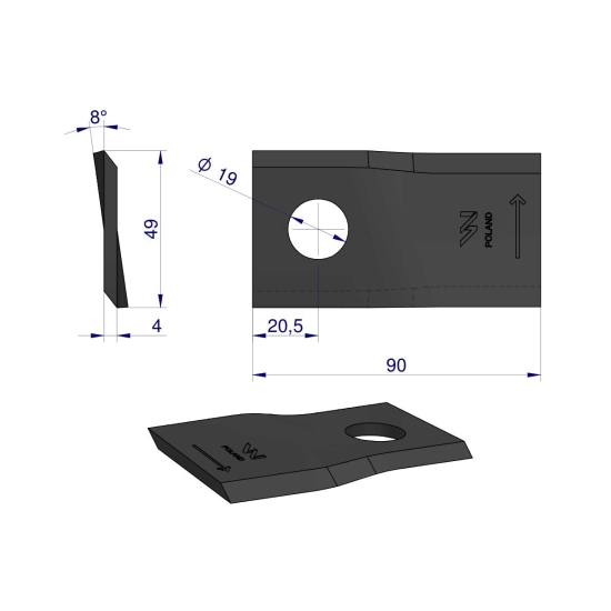 Nóż. nożyk kosiarka lewy 90x48x4mm otwór 19 zastosowanie 1448251 Krone WARYŃSKI ( sprzedawane po 25 )
